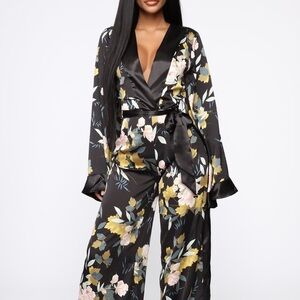 BNWT! Fashion Nova Black Floral Satin Wrap Jumpsuit with Yellow & Pink Blooms